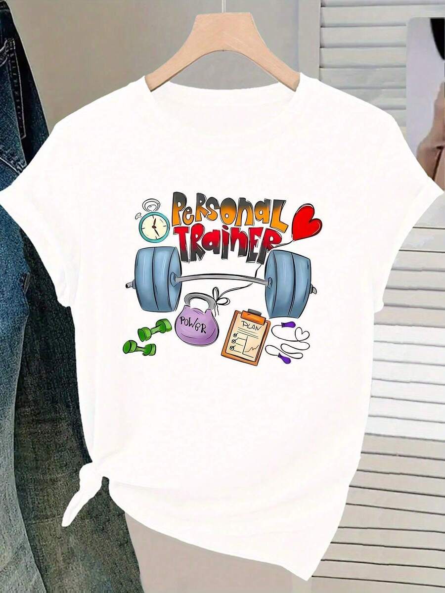 1 Piece Women's Autumn Clothing Personal Trainer Theme Barbell Dumbbell Kettlebell Stopwatch Heart Shape And Training Plan Casual Spor Crew Neck Gym Christmas Fitness Enthusiast Winter Gif - 白色 - 查看 1