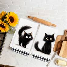 MEMNUN 2pcs Black & White Plaid Fluffy Black Cat Cartoon Long Hair Cat Print Kitchen Towels Dish Towels 40*60cm/45*70cm Super Soft Microfiber Modern Dish Cloths, Hand Towels, Home Decor, Kitchen Decor Cooking Baking Tea Towels Hand Towels Kitchen Accessories Machine Washable Cleaning Supplies Suitable For Restaurant Kitchen Holiday Decoration And Gifts All Seasons - Multicolor - View 7