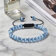 1pc 6mm Cat Eye Stone Bead Bracelet, Multicolor Cat Eye Stone Adjustable Braided Rope Knot Wristband, Women's Couple Style Casual Daily Wear Jewelry Gift - 6mm Cat's Eye - View 3