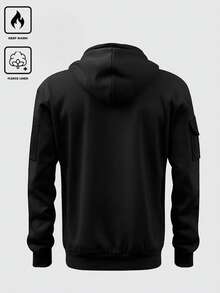 Men's Black Fleece Lined Half-Zip Hooded Sweatshirt, Multi-Pocket Casual Outdoor Sports Top - Black - View 4