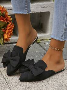 Plus Size 35-45 Bow Pointed Toe Flat Shoes For Women, Black Fabric Slip-On Flats, French Vintage European & American Sweet Ballet Style, Soft Sole Comfortable Non-Tiring, Spring/Summer New Work Commute Casual Vacation Versatile Daily Shopping Lightweight Elegant Elegant Slimming Brightening Anti-Slip Durable Premium Niche Design Low Vamp Slip-On Soft Commuter Shoes - Black Fabric (black Bow) - View 2
