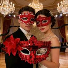 2pcs Unisex Shiny Venetian Style Plastic Masks, Black & Gold Color, Lightweight & Comfortable, Suitable For Halloween, Masquerade Or Theme Events - Multicolor - View 5