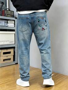 Men's Washed Embroidered Denim Pants Are Comfortable And Versatile For Daily Wear, Suitable For All Seasons, Back To School, Party Gatherings - Medium Wash - View 4