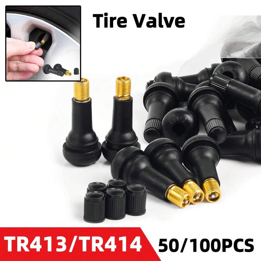 50/100入 TR413 TR414 汽車輪胎氣嘴閥桿含防塵蓋 橡膠式無內胎氣嘴芯 通用汽車輪圈輪胎更換配件 充氣用 - A - 查看 1
