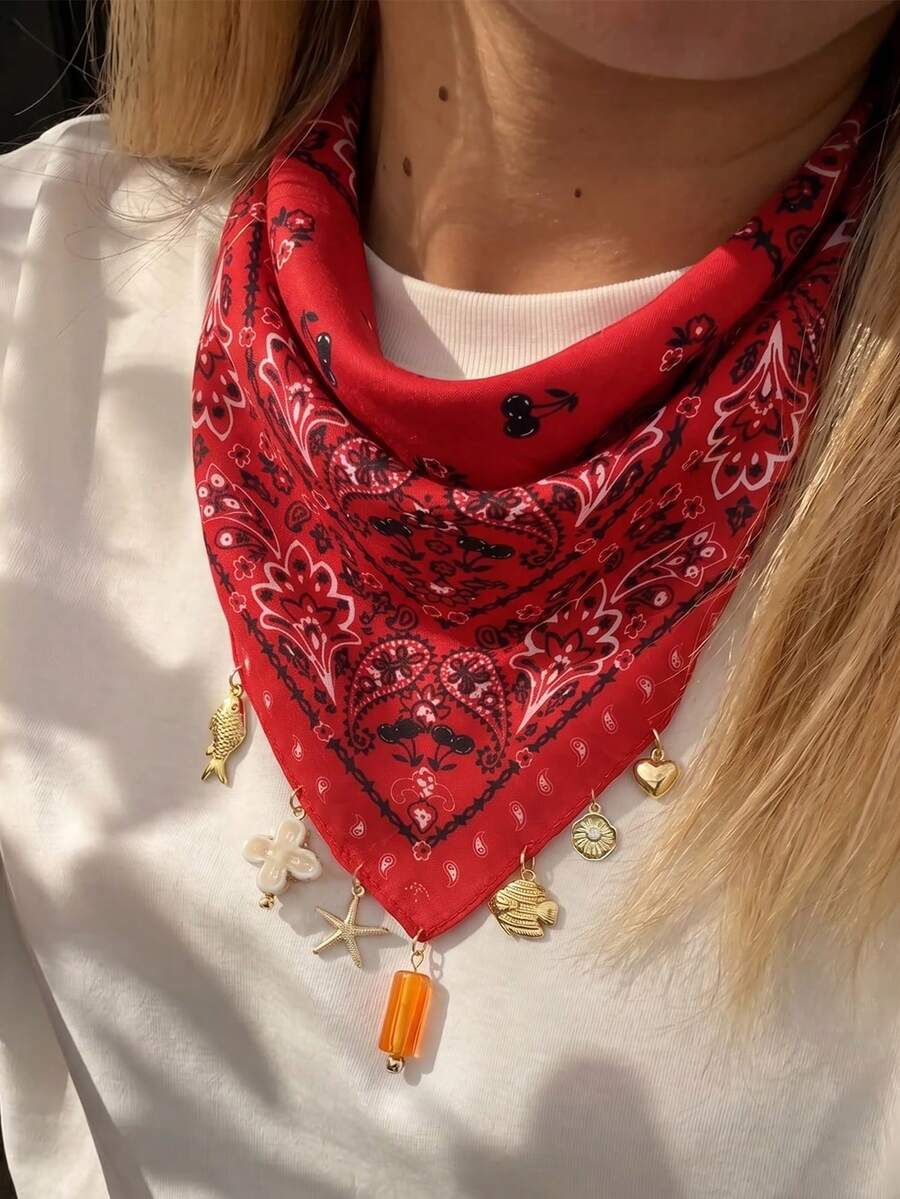 1pc Women's Fashion Summer Bohemian Paisley Print Pattern Headscarf Square Scarf, With Starfish Tropical Fish Heart Pendant, Suitable For Beach, Seaside And Daily Versatile Wear - Red - View 1