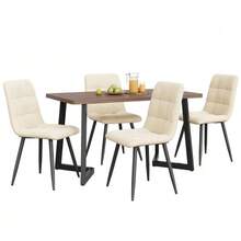 Dining Room Set (5 Pieces), Table And 4 Chairs, Modern Kitchen Set, Kitchen Table In Veined Wood With Black Metal Legs, Walnut-Colored MDF Top, Beige Velvet Dining Chairs - Natural Color - View 1