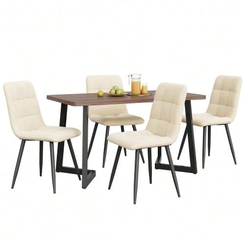 Dining Room Set (5 Pieces), Table And 4 Chairs, Modern Kitchen Set, Kitchen Table In Veined Wood With Black Metal Legs, Walnut-Colored MDF Top, Beige Velvet Dining Chairs - Natural Color - View 1