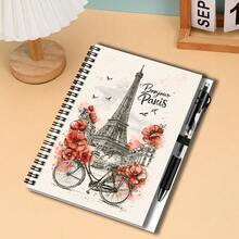 1 Set French Vintage Style 2D Cover Spiral Coil Notebook, Exquisitely Featuring Eiffel Tower And Vibrant Floral Patterns, Paired With Matching Style Pen. Suitable For Back To School, Work Records, Graduation Gifts, Birthday Gifts, Journaling, Daily Planning, And Memo Pads, A Practical And Unique Choice. - F - View 5