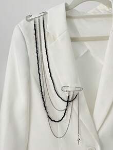 1pc Punk Hip Hop Long Chain Tassel Brooch, Fashion Shiny Star Double Pin Suit Pendant - Multicolor - View 3