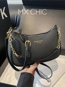 Women's Solid Color PU Leather Shoulder Bag, Multifunctional Crossbody Bag, Suitable For Commuting, Adjustable Strap - Black - View 1
