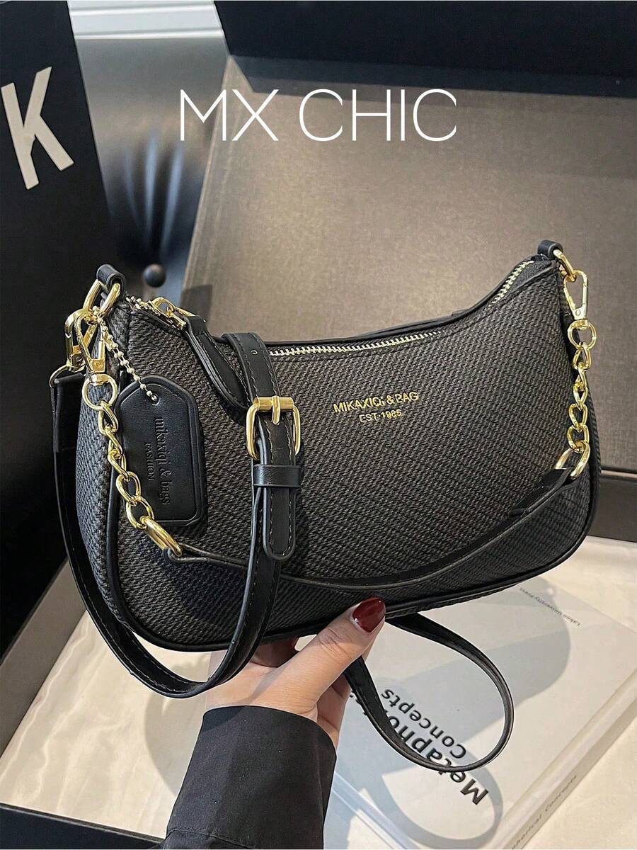 Women's Solid Color PU Leather Shoulder Bag, Multifunctional Crossbody Bag, Suitable For Commuting, Adjustable Strap - Black - View 1