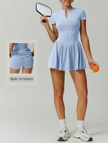 NcmRyu 1pc Women's Fitted Tennis/Running Sports Romper With Built-In Pocket Lining - Baby Blue - View 11
