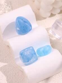 3pcs/Set Autumn Blue Tie Dye Geometric Asymmetrical Wide Resin Rings, Vintage Fashion Ring Set, Gift For Best Friend - Multicolor - View 3