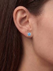 White Gold Plated S925 Silver Blue CZ Stud Earrings, Classic Solitaire Hypoallergenic Accessories With Gift Box For Women - Blue - View 2