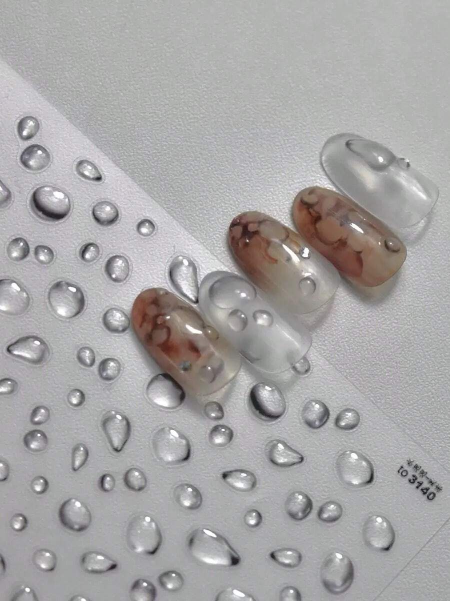 3D水滴美甲貼紙，透明氣泡自黏美甲貼花，自然水潤感美學DIY美甲裝飾，適用於居家沙龍美甲與穿戴式美甲配件，1張
