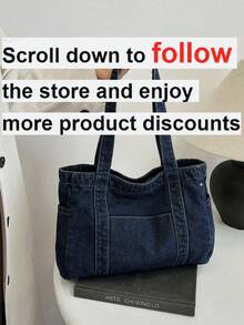 1 buah Tas Bahu Biru Berkualitas Tinggi, Tas Tote Kanvas Kapasitas Besar untuk Bepergian, Berbelanja, Desain Minimalis, Tas Tangan Wanita Serbaguna - Biru - View 2