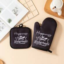 1. Oven Mitts & Pot Holders Set, Black Heat-Resistant Kitchen Mitts & "Happiness Is Homemade" Patterned Insulated Pads, Non-Slip Cotton Oven Mitts, Suitable For Baking, Cooking, Grilling - View 11
