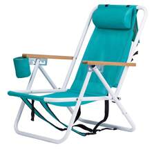 Folding Beach Chair, 4 Position Portable Backpack Foldable Camping Chair With Headrest Cup Holder And Wooden Armrests, Green - 1 - View 8
