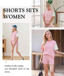 MARZXIN Women 2 Piece Shorts Set 2026 Casual Summer Cruise Outfits Ribbed Loose Short Sleeve Pocket Matching Lounge Sets - Patchwork Pink - View 6