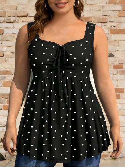 Camiseta de tirantes para mujer talla grande con pecho fruncido, falso lazo y estampado de lunares, de punto elástico, casual para verano y vacaciones