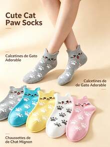 5 pares de calcetines cortos tipo barco para mujer con orejas de gato 3D, diseño de dibujos animados lindo, transpirables, versátiles, para estudiantes, uso diario, hogar y casual, multicolor - Multicolor - Ver 2