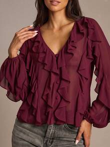 Blusa romántica de gasa con volantes en color vino tinto, camisa transparente con cuello en V y abotonadura, con puños con volantes en capas, informal y formal, ligera - Burdeos - Ver 3