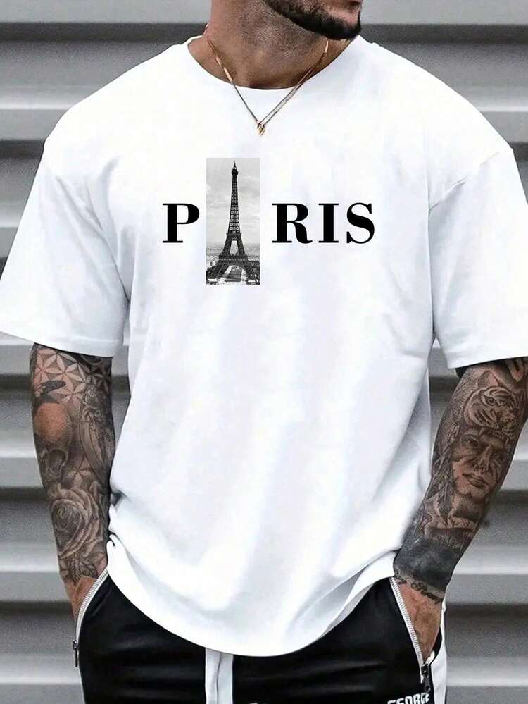 Men's Vintage White T-Shirt With Eiffel Tower And Lettering Print, Casual Short-Sleeved T-Shirt For Summer. - White - View 1