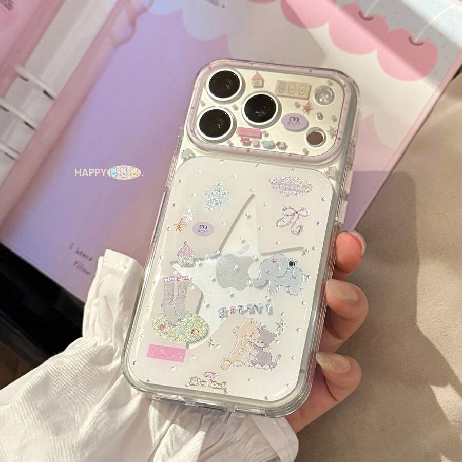 GUCADI 透明金星大象手機殼，適用於 17 Pro Max、16、14、15，全機身保護，鍍金少女風，創意幾何卡通設計，清新簡約小眾 Ins 風