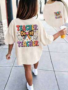 Mädchen Schulanfang lockeres Kurzarm T-Shirt, Leopardenmuster Schleife Bleistift Buch doppelseitige Grafik, lässiger Campus-Stil - Aprikosenfarben - Übersicht 10