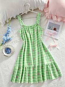 2 Pieces Women's Plaid Bow Print Sleep Set Sleeveless Ruffled Straps & Hem Lightweight Summer Casual Loungewear Comfort Nightdress - Multicolor - View 9