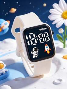 4pcs/Set Kids' Favorite Square Electronic Watch With Rocket Astronaut Pattern, LED Screen, TPU Material, Casual Sports Watch Suitable For Daily Life, Gift, Birthday, Back To School Season - Multicolor - View 6