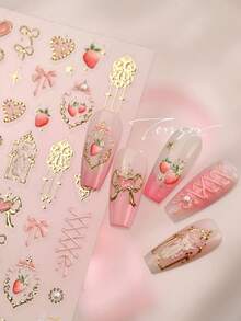 5D Embossed Summer Strawberry Coquette Nail Stickers, Gold Foil Angel Frame & Heart Bow Self-Adhesive Nail Decals, Victorian Sweet Aesthetic DIY Manicure Decoration For Home Salon Nail Art & Press On Nails Accessories 1 Sheet - Pink - View 4