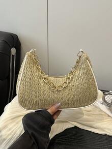 Fashion Solid Color Metal Chain Straw Crescent Women's Multi-Use Handbag Tote Bag Vacation Bag Beach Bag Casual Straw Bag Phone Bag - Khaki - View 10