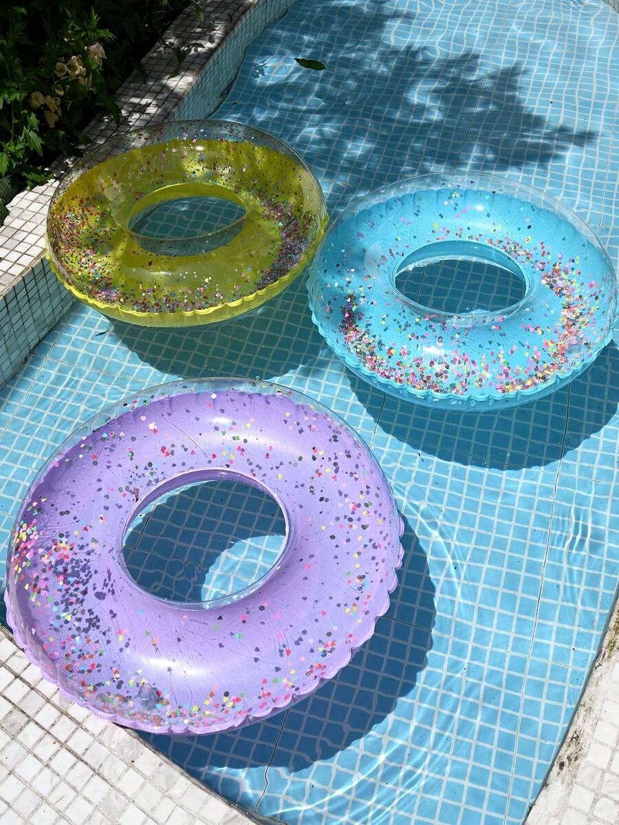 1pc 90# Sequin Flower Inflatable Swim Ring/Pool Float, Blue/Purple/Yellow, Suitable For Water Play And Pool Parties - Multicolor - View 1