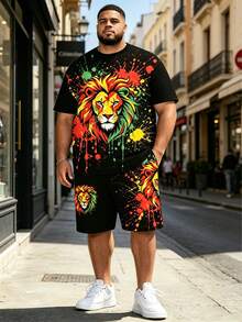 Plus Size Men's 2-Piece Outfit, Men's Street Casual Minimalist Series "Colorful Splatter Lion Head" Pattern Sports Set - Polyester Knit Fabric, Round Neck Design, Drawstring Shorts, Pocket Detail, Regular Fit, Suitable For Plus Size Body - Black - View 1
