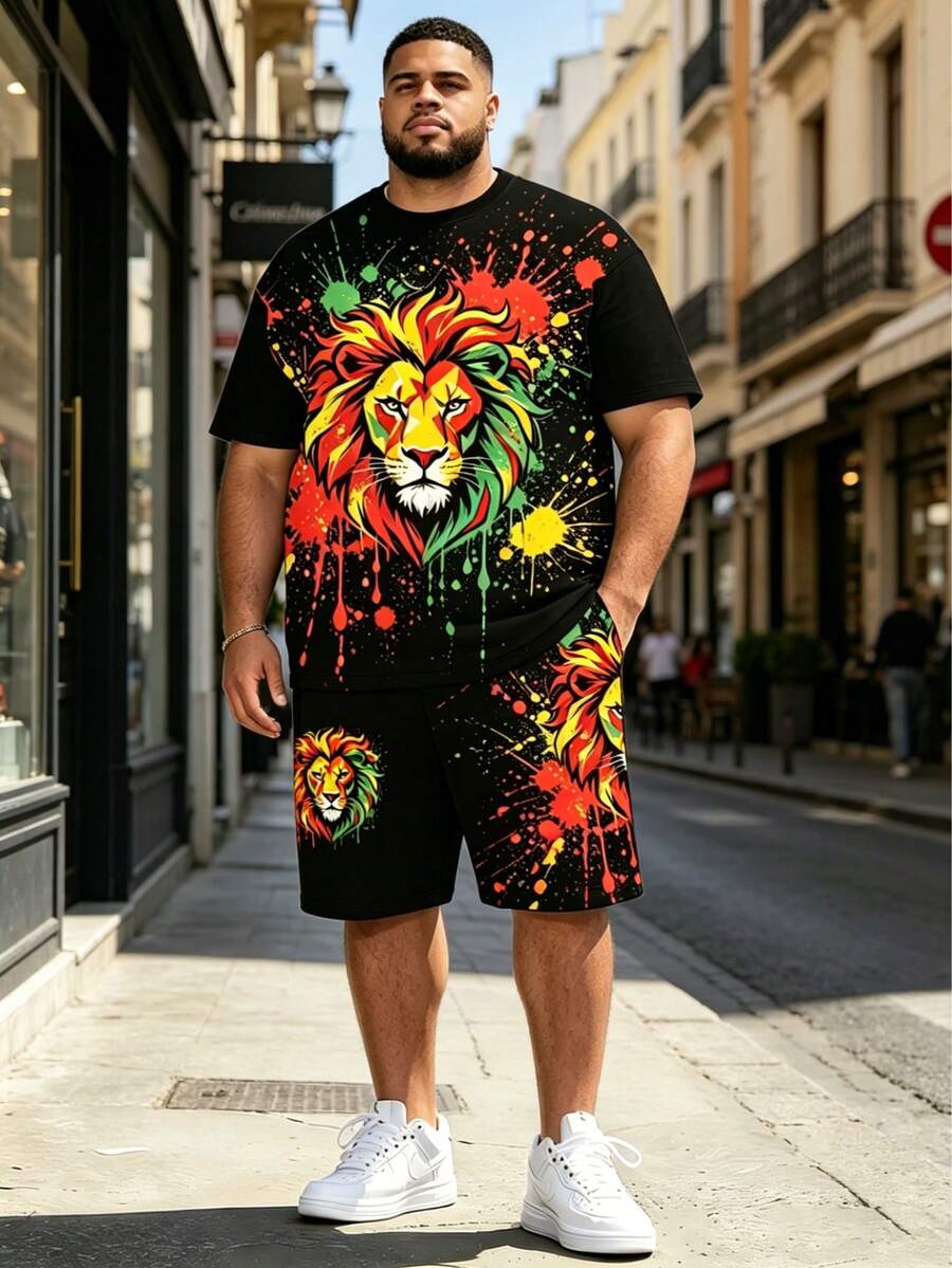 Plus Size Men's 2-Piece Outfit, Men's Street Casual Minimalist Series "Colorful Splatter Lion Head" Pattern Sports Set - Polyester Knit Fabric, Round Neck Design, Drawstring Shorts, Pocket Detail, Regular Fit, Suitable For Plus Size Body - Black - View 1