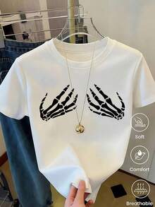 Women's White T-Shirt With Skeleton Hand Print On Chest, Casual Short Sleeve Gothic And Aesthetic Style T-Shirt, Soft And Breathable Fashionable Alternative Top, Blue - 白色 - 查看 1