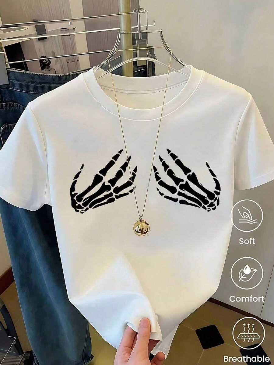 Women's White T-Shirt With Skeleton Hand Print On Chest, Casual Short Sleeve Gothic And Aesthetic Style T-Shirt, Soft And Breathable Fashionable Alternative Top, Blue - 白色 - 查看 1