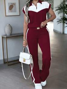 Spring/Autumn Women's New Fashion 2-Piece Casual Set, Colorblock Short Sleeve Top, Spring Break Casual Outfit For Women Summer Elegant - Burgundy + White - View 5