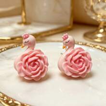 1 Pair Swan Rose Pink Earrings, Minimalist Elegant Versatile Personalized Style, Suitable For Girls' Dating, Parties, Vacations, Daily Wear, Ear Drops And Studs - Multicolor - View 1