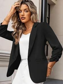 Black Ruched 3/4 Sleeve Blazer, Single Button Waist-Cinched Slim Fit Professional Commuter Jacket Fall - Black - View 3