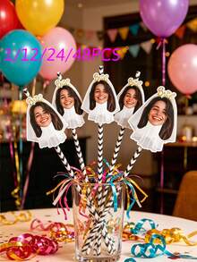 1/12/24/48pcs Customized Personalized Bride Face Photo Paper, Cocktail Glass Decor Straws, Bachelorette Party Decorations, Bridal Shower Supplies, Party Favors, Bachelorette Party, Birthday Party, Personalized Gifts, Gifts For Her - Multicolor - View 3
