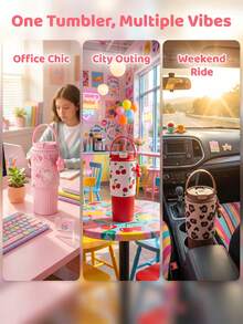 1pc 900ml Large Capacity Outdoor Insulated Tumbler With Straw And Unique Print - Multicolor - View 4