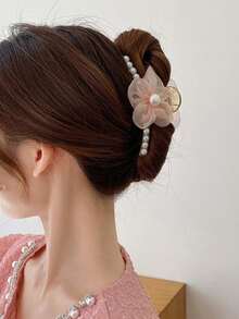 1pc Women's Pearl Flower Hair Claw - Pink - View 6