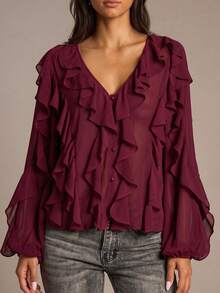Blusa romántica de gasa con volantes en color vino tinto, camisa transparente con cuello en V y abotonadura, con puños con volantes en capas, informal y formal, ligera - Burdeos - Ver 8