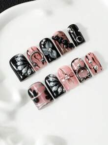 10pcs Pure Handmade Press On Nails, Multi-Layer Gel Acrylic Fake Nails With 3D Flower & Silver Metal & Marble Print Design, Removable Reusable Y2K Bad Girl Style Nail Tips, Including Tool Kit, Perfect For Daily & Party Wear, Exquisite Gift For Women - Multicolor - View 1