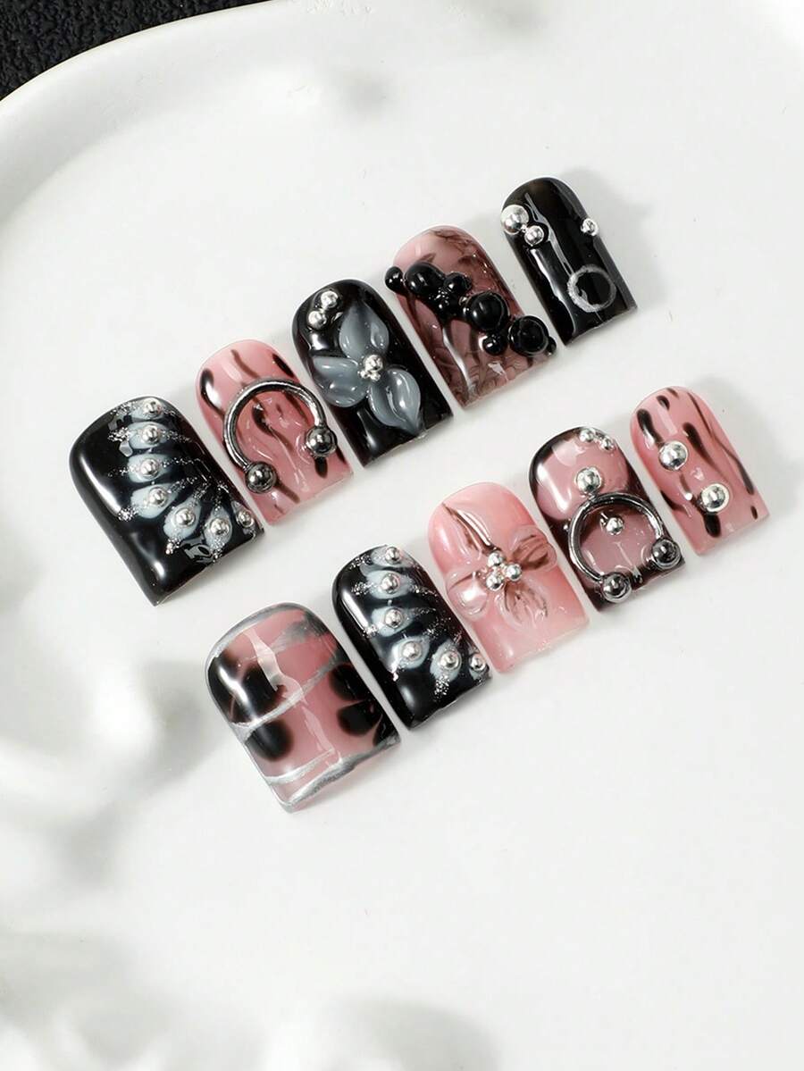 10pcs Pure Handmade Press On Nails, Multi-Layer Gel Acrylic Fake Nails With 3D Flower & Silver Metal & Marble Print Design, Removable Reusable Y2K Bad Girl Style Nail Tips, Including Tool Kit, Perfect For Daily & Party Wear, Exquisite Gift For Women - Multicolor - View 1
