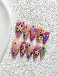 10Pcs Dopamine Y2K Style Handmade Press On Nail,Polygel Nail Set,Star, Yellow ,Purple And Pink Nail Polish,Macaron Style,Includes Nail Tools,3 Sizes Available,Almond Nails , Duck Nails,Coffin Nails For Party, Dance, Daily Wear. - 彩色 - 查看 13