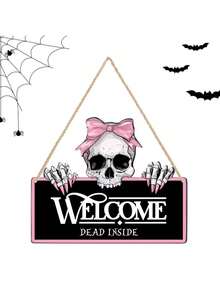 Pink Gothic Skull Welcome Sign, "Welcome Dead Inside" Text, Pink Skull Design, Suitable For Halloween Themed Parties, Halloween Surprise Party Decorations, Home Decor, Porch Decor, Haunted House Decor, Garden And Gothic Style Home Decor - One Size Fits All - View 1