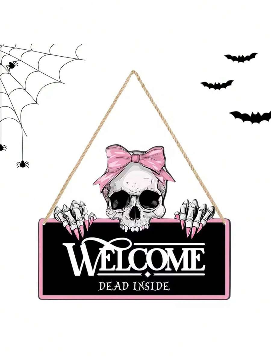 Pink Gothic Skull Welcome Sign, "Welcome Dead Inside" Text, Pink Skull Design, Suitable For Halloween Themed Parties, Halloween Surprise Party Decorations, Home Decor, Porch Decor, Haunted House Decor, Garden And Gothic Style Home Decor - One Size Fits All - View 1